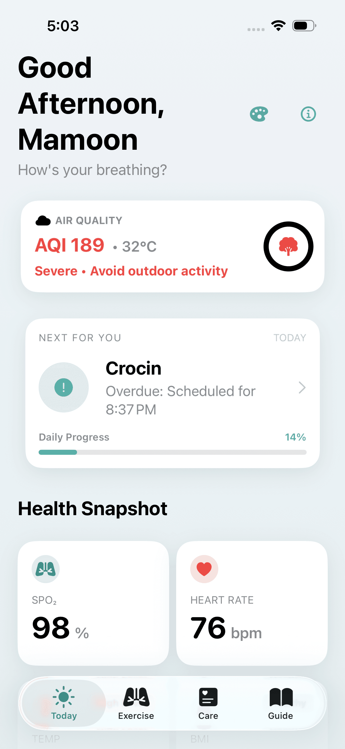 Saans app Today dashboard showing health snapshot, air quality, and daily progress